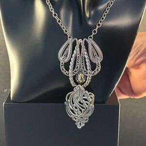 ✨ 18” Sterling Silver Ornate Filigree Necklace with Gold-Tone Teardrop Accent